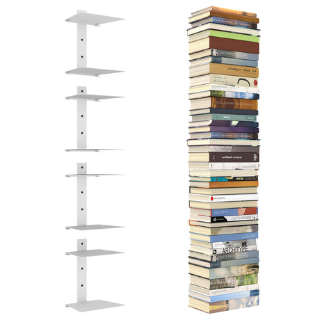 Mefirt Invisible Floating Bookshelves for Wall, 8 Tier Vertical Spine Book Tower, Heavy Duty Floating Book Shelves Metal Book Organizers for Home Office, 4 Pack(White) Mefirt