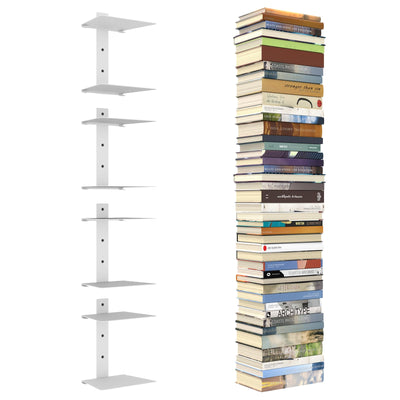 Mefirt Invisible Floating Bookshelves for Wall, 8 Tier Vertical Spine Book Tower, Heavy Duty Floating Book Shelves Metal Book Organizers for Home Office, 4 Pack(White)