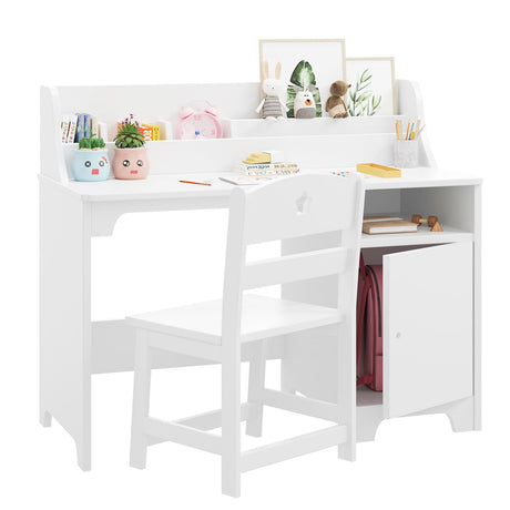 JoanKaren White Kids Desk with Chair, Study Desk for Boys Girls with Hutch, Storage Cabinet, Wooden Children Study Table, Student Writing Desk Computer Workstation for Kids Bedroom & Study Room,White JoanKaren