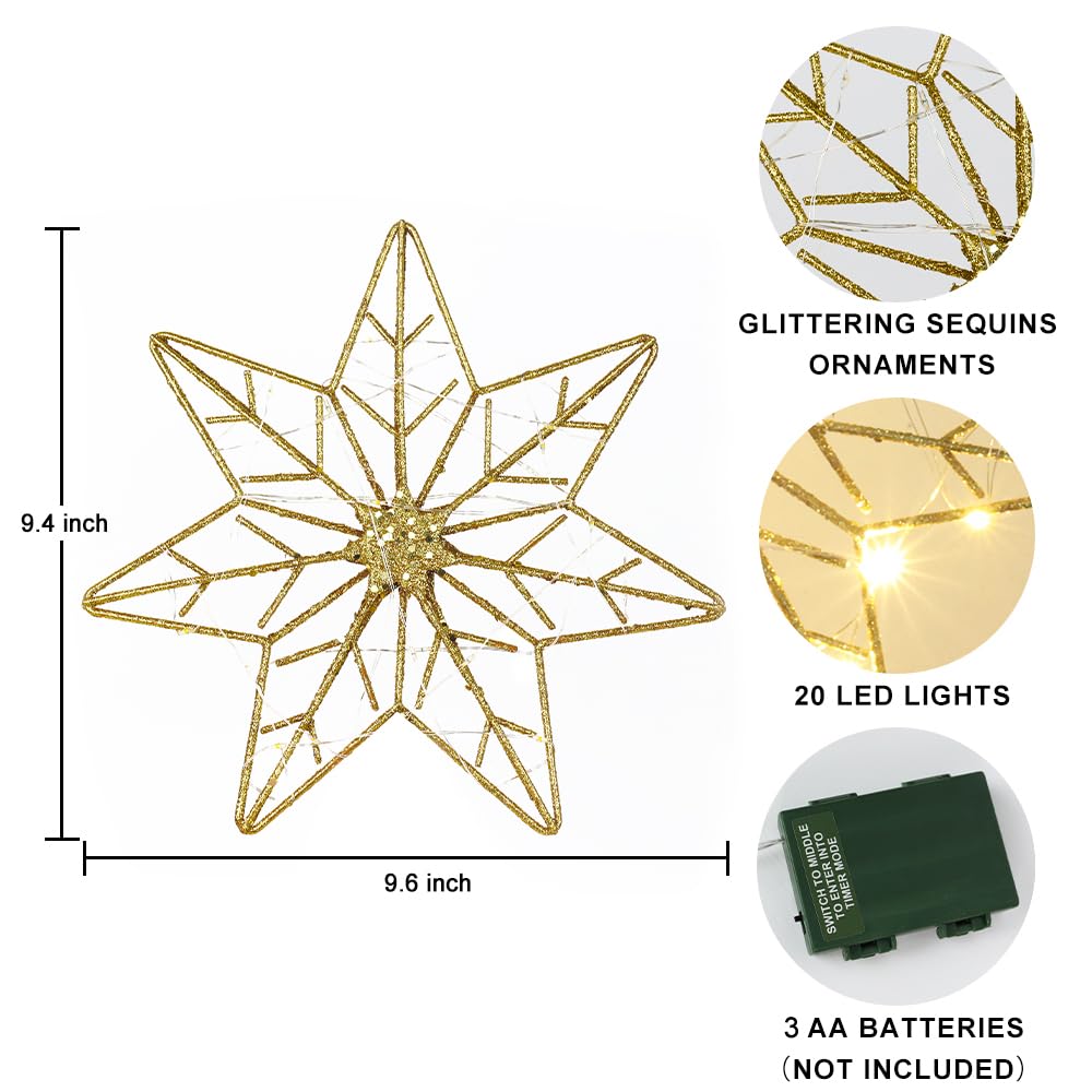 YEAHOME Christmas Tree Topper, Gold Glittered Hollow 7-Point Star Tree Topper, Lighted Wire Star with 20 LED Lights for Christmas Treetop, Xmas Tree Topper with Timer, Christmas Tree Decorations YEAHOME