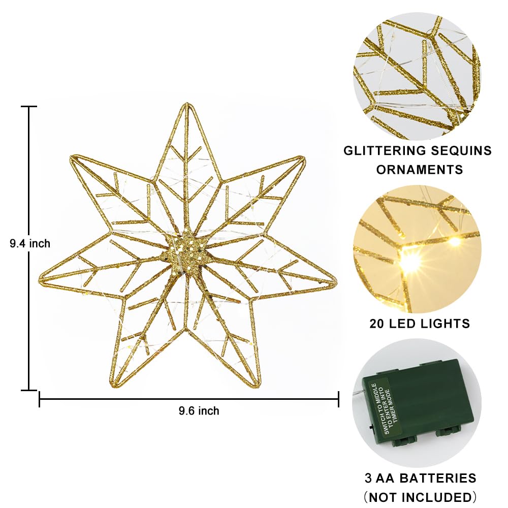 YEAHOME Christmas Tree Topper, Gold Glittered Hollow 7-Point Star Tree Topper, Lighted Wire Star with 20 LED Lights for Christmas Treetop, Xmas Tree Topper with Timer, Christmas Tree Decorations