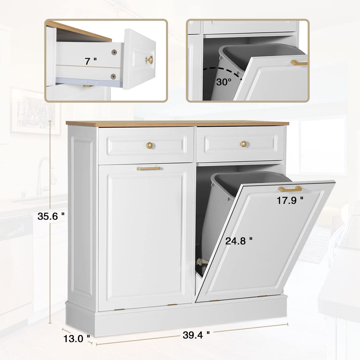 Anbuy Double Kitchen Trash Cabinets Dual Tilt Out Cabinet with Two Wood Hideaway Holder Drawers, Free Standing Recycling Trash Can Holder (Upgrade White) Anbuy