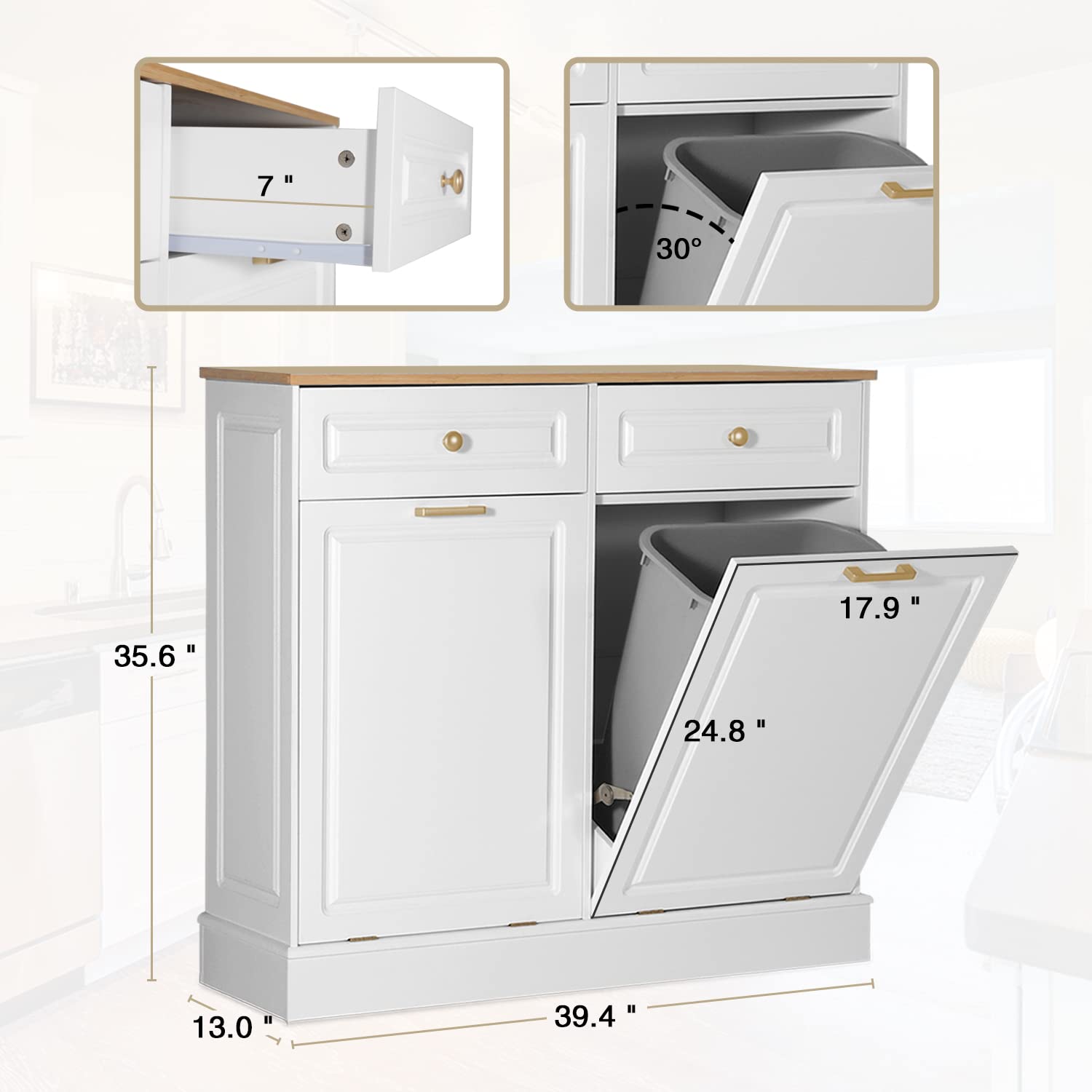 Anbuy Double Kitchen Trash Cabinets Dual Tilt Out Cabinet with Two Wood Hideaway Holder Drawers, Free Standing Recycling Trash Can Holder (Upgrade White) - WoodArtSupply