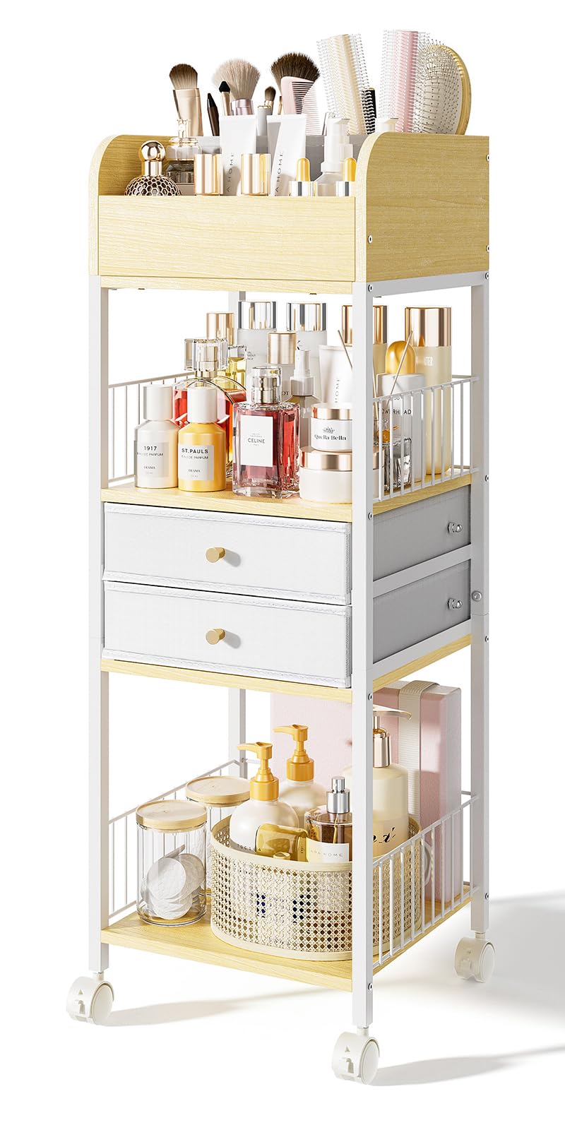 Makeup Organizer Cart with 2 Drawers, Rolling Bathroom Organizers and Storage- Versatile Skincare Perfume Storage Vanity Organizer, Natural Wood and White Iron TidyStash
