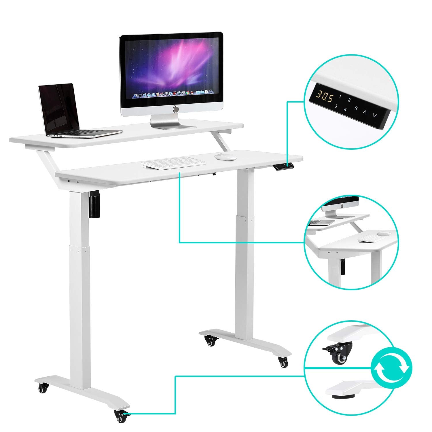 UNICOO - 2 Tier Electric Height Adjustable Standing Desk with Wheels, Electric Mobile Standing Workstation, Sit Stand Desk Home Office Desk Whole-Piece Desk Board 48 * 24 in (KT1002-WW) 2Tier - WoodArtSupply