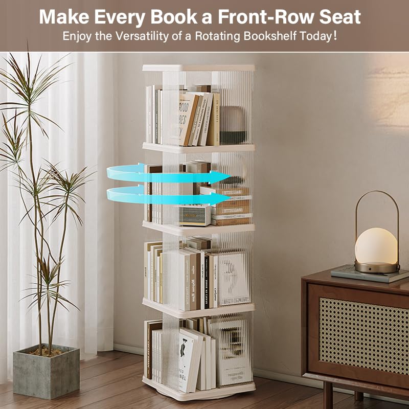 Compact 360-Degree Rotating Bookshelf for Small Spaces - SYNCVIBE 4-Tier Floor Standing Bookcase in White SYNCVIBE