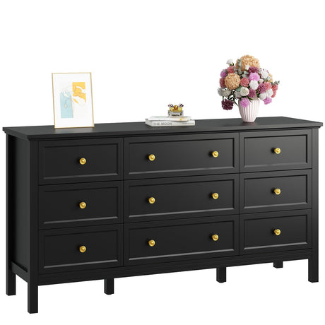 CARPETNAL Black Dresser for Bedroom, 9 Drawer Dresser with Wide Drawers and Gold Metal Handles, 59" White and Gold Dresser TV Stand, Modern Dressers & Chests of Drawers for Hallyway, Entryway. CARPETNAL