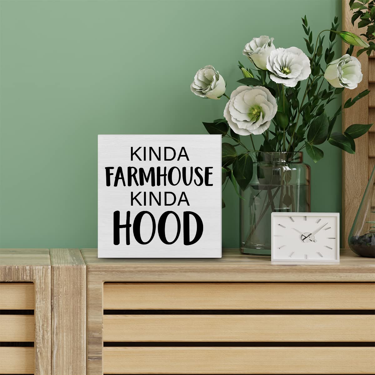Home Decorative Wooden Box Sign Kinda Farmhouse Kinda Hood Wood Block Plaque Decor Modern Shelf or Wall Display for Living Room Bedroom PIXCEOS
