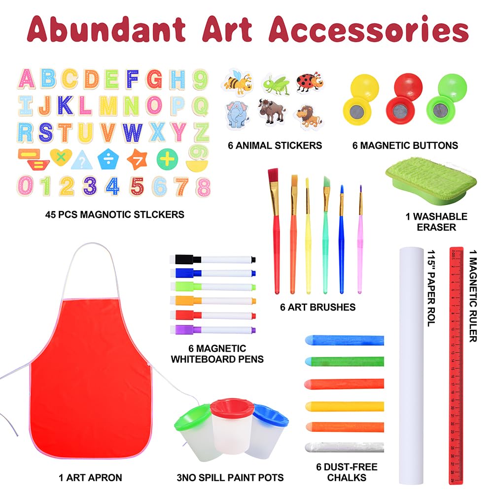 Skyelta Art Easel for Kids Ages 2-4 4-8 9-12,Double Sided Wooden Kids Easel Drawing Board with Magnetic Chalkboard,3-Level Height Adjustable,100+ Accessories,Gift & Art Supplies for Kids Skyelta