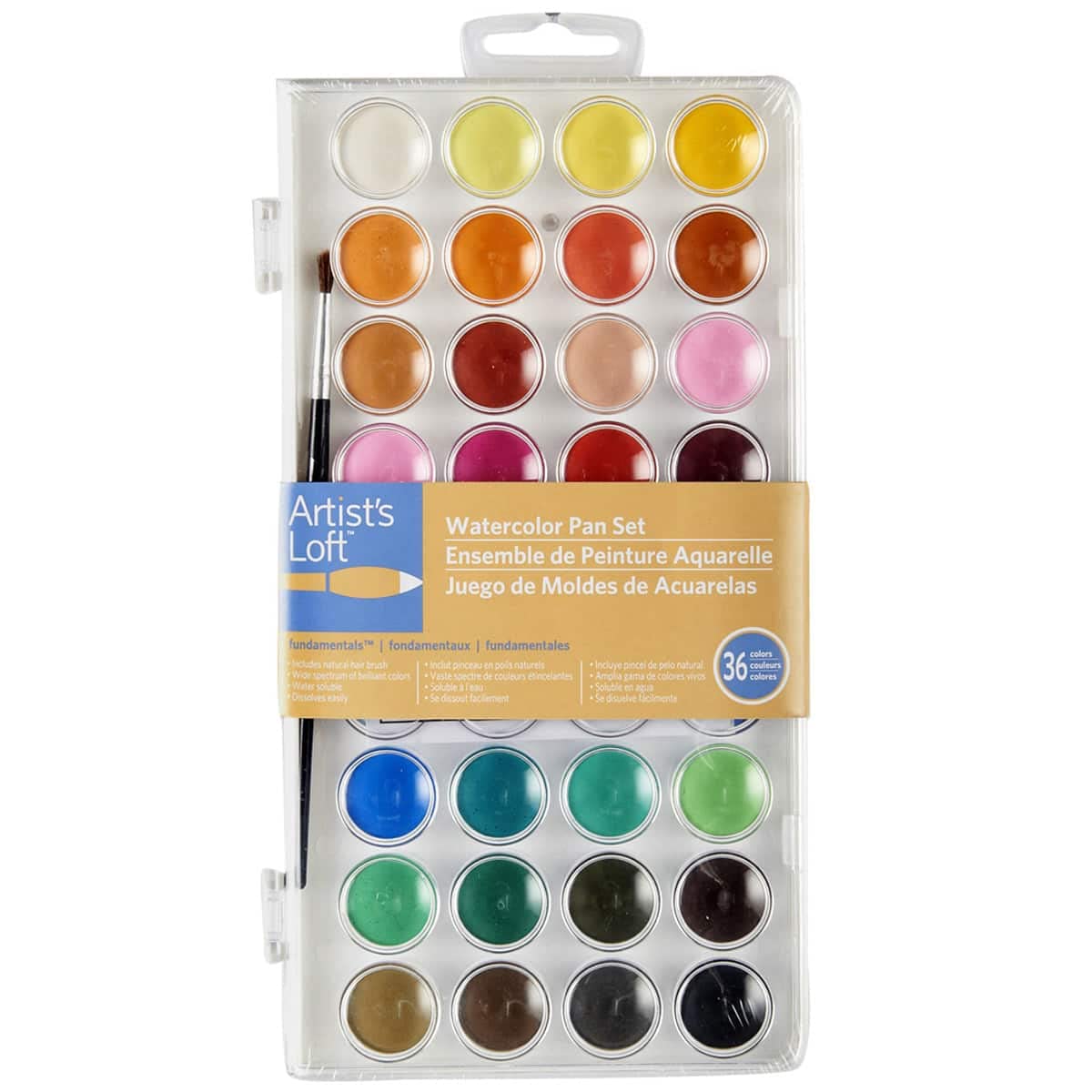 36 Color Watercolor Pan Set with Natural Hair Brush by Artist's Loft Necessities - Watercolor Set for Students, Teachers, Artists - 1 Pack Artist's Loft