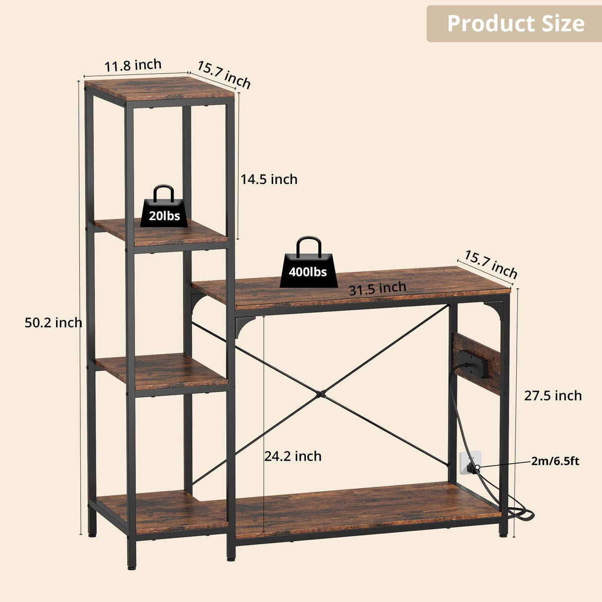 VOWNER 20-29 Gallon Fish Tank Stand with Power Outlet, Wood Aquarium Stand with Shelves for Fish Tank Accessories Storage, Heavy Duty Metal Frame, Turtle Reptile Terrarium Stand, Load 500lb, Brown VOWNER
