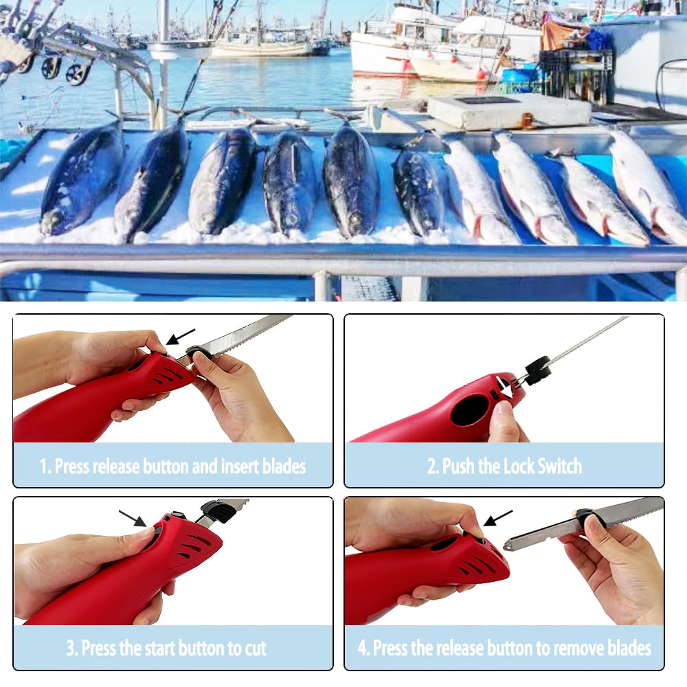 Cushore Cordless Electric Knife Rechargeable with 2 Set of 8 Fully Serrated S.S. Blades, Multi Function for Turkey Knife, Portable Carry Case for Fishing, Filleting, and Outdoors (Red) Cushore