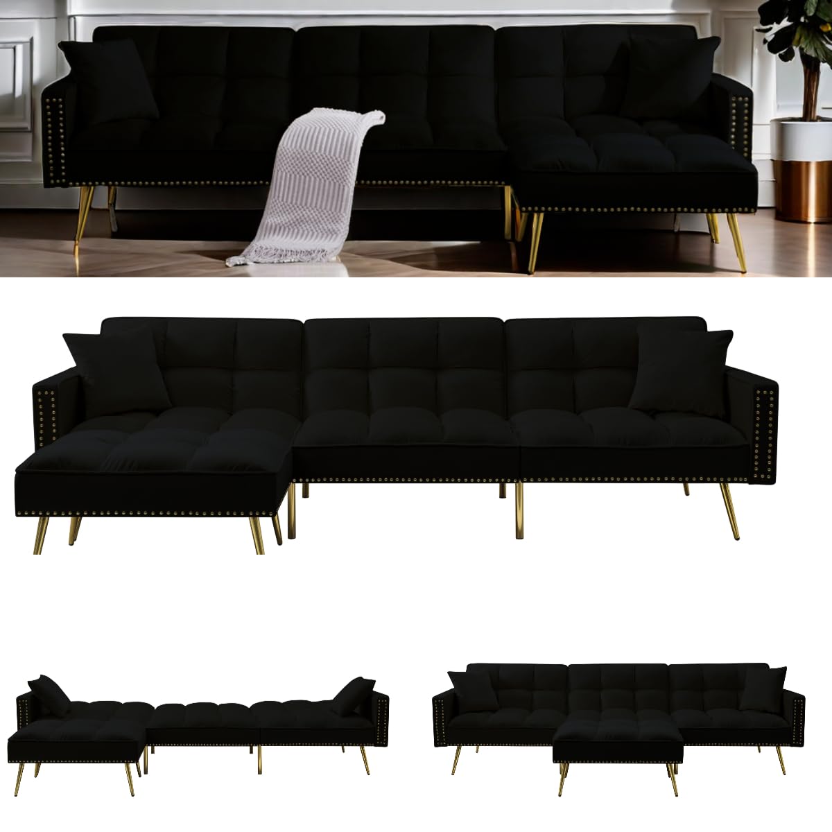 GlasFlength Sectional Couches for Living Room - Convertible Sleeper Sofa Bed, Reversible Chaise Lounge, Nailhead Decor L-Shaped Sectional Sofa Bed for Home, Office, Apartment - Black GlasFlength