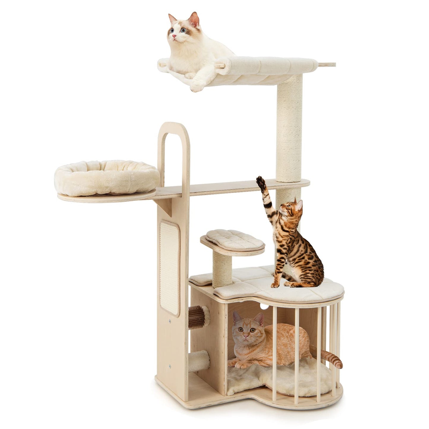 Tangkula Tall Cat Tree for Indoor Cats, 55 Inch Multi-Level Cat Tower Activity Center with Hammock, Cat Condo, Sisal Scratching Posts & Washable Cushions, Wooden Modern Cat Tree Houses for Large Cats