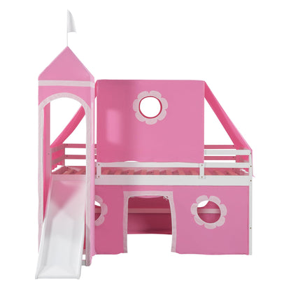 RuiSiSi Twin Loft Bed Frame with Slide Wood House Loft Bed with Ladder, Windows and Tent and Slide for Kids Bedroom, No Box Spring Needed, Pink