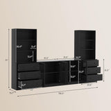 TUSY 4-Piece Large TV Stand with Bookshelves for TVs up to 75", TV Entertainment Center Media Center with Tempered Glass Doors and Shelves, TV Hutch for Living Room (Black) TUSY