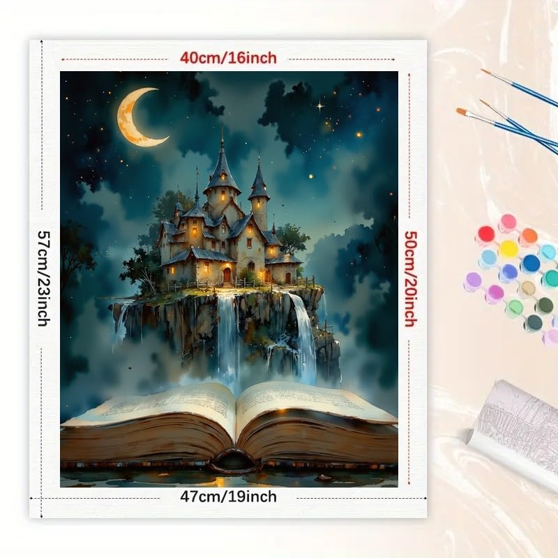 Fantasy Paint by Numbers Kit for Adults - DIY Storybook Castle with Waterfalls and Open Book Painting on Canvas 16x20 Inches, Acrylic Paint Set for Beginners,Art for Home Decoration or Gifts TAOPAOLAB