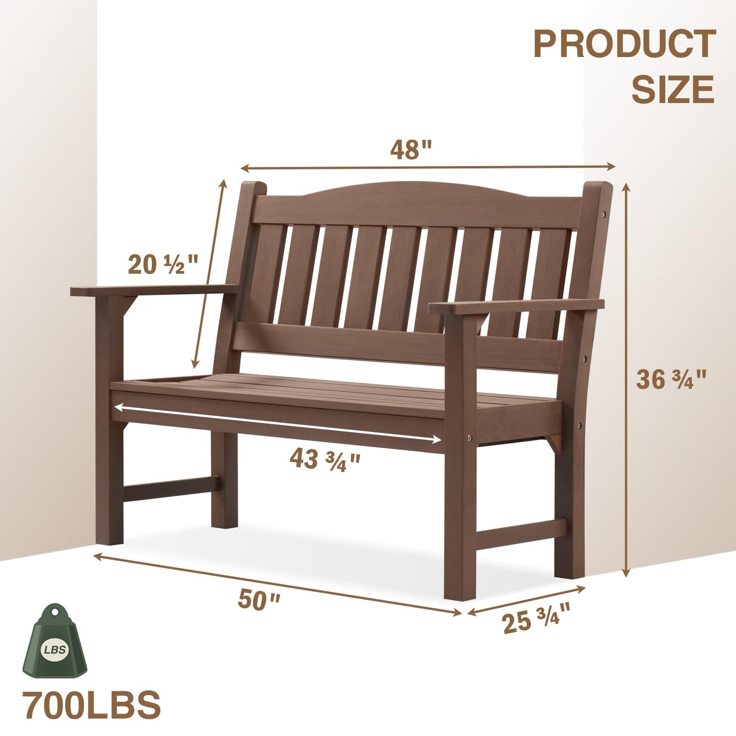 EFURDEN Outdoor Bench, 2-Person Garden Bench Made of Poly Lumber, Patio Bench Suitable for All Weather, Brown