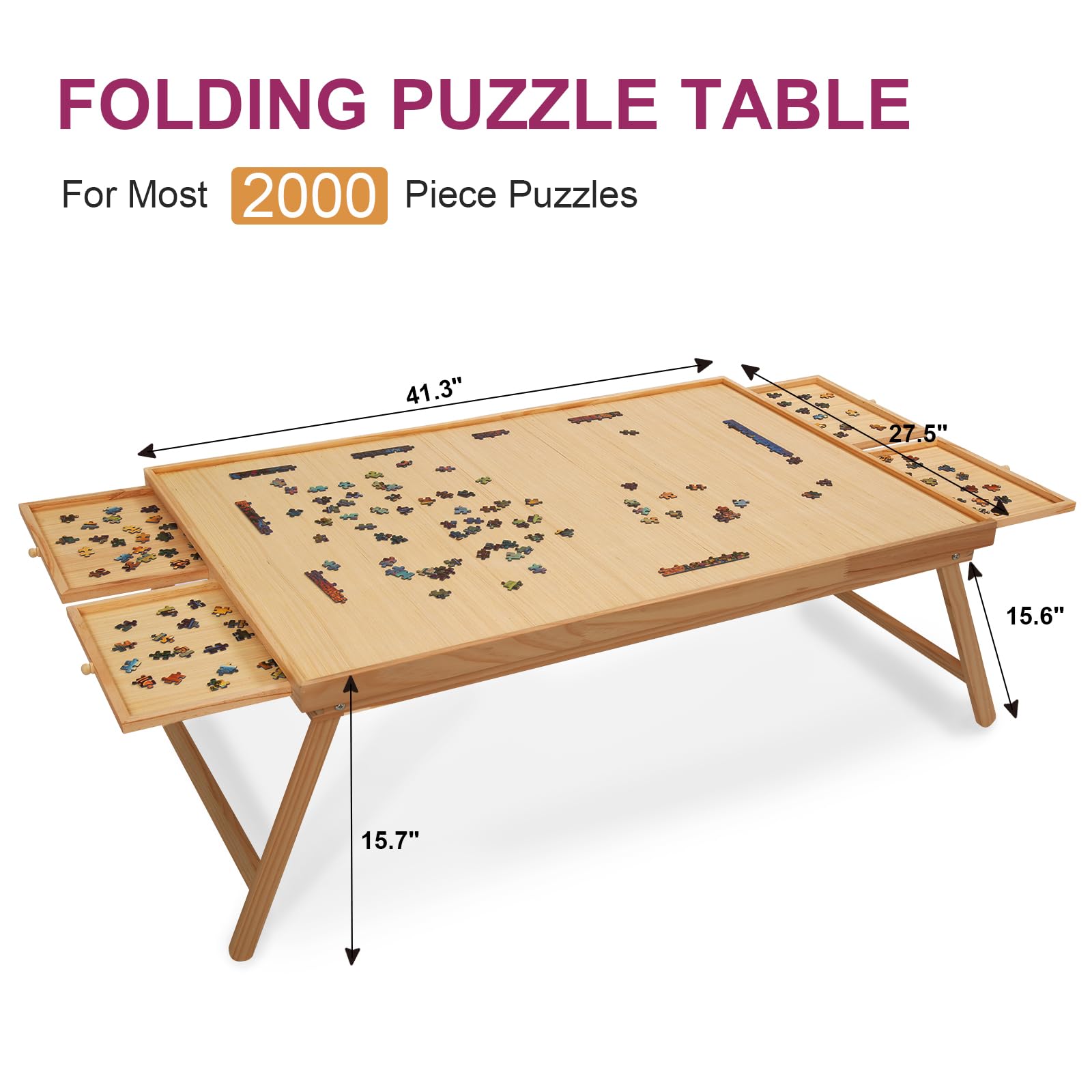 2000 Piece Portable Puzzle Table with Folding Legs, 41.3"X27.5" Wooden Jigsaw Puzzle Board with 4 Drawers & Cover, Family Multifunctional Folding Table for Adults and Kids - WoodArtSupply