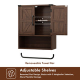 RUSTOWN Farmhouse Wall Storage Cabinet with Two Barn Door, Rustic Mounted Medicine Cabinet with Adjustable Shelf and Towel Bar, 3-Tier Wood Cabinet for Kitchen, Bathroom, Living Room (Dark Walnut) RUSTOWN