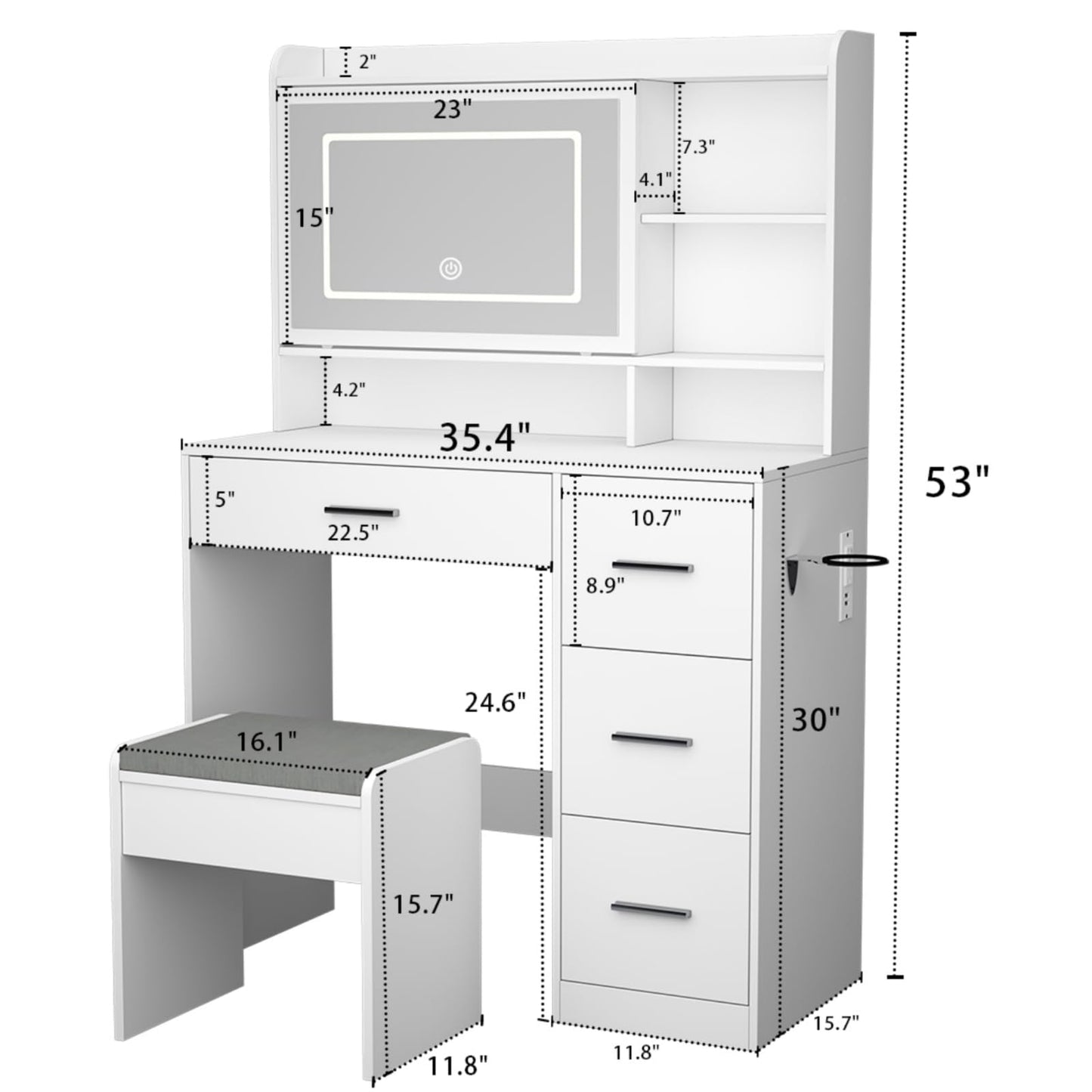 Viaozutis Vanity Desk with a Mirror and Lights，with Chair and Four Drawers, Three Adjustable Lighting Modes，with Power Outlet and Sliding LED Mirror,Bedroom Vanity Desk (White)