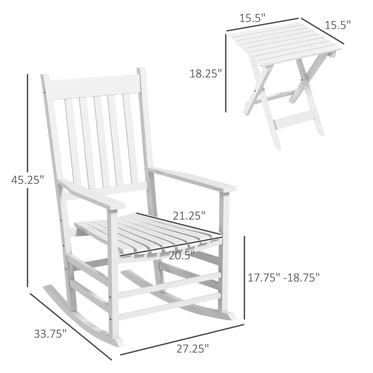 Outsunny Wooden Rocking Chair Set w/Foldable Side Table, Outdoor Rocker Chairs with Curved Armrests, High Back, Slatted Top Table for Garden, Balcony, Porch, Supports Up to 352 lbs., White Outsunny