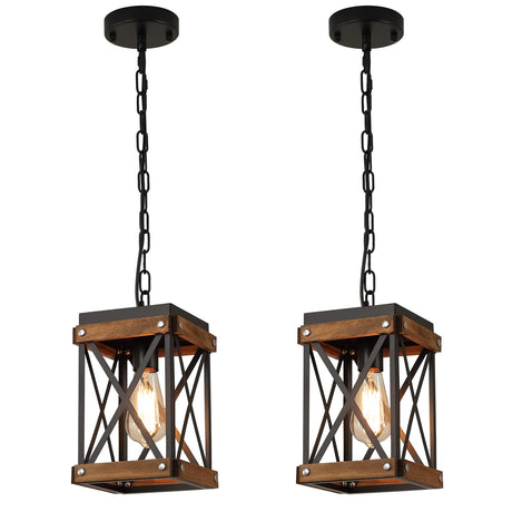 2 Pack Rustic Farmhouse Wood Pendant Light Fixture One-Light Adjustable Chain Oak Wood and Metal Lantern Cage Small Pendant Lighting for Kitchen Island Sink Hallway Farmhouse Bathroom Bar, Black RKUCSR