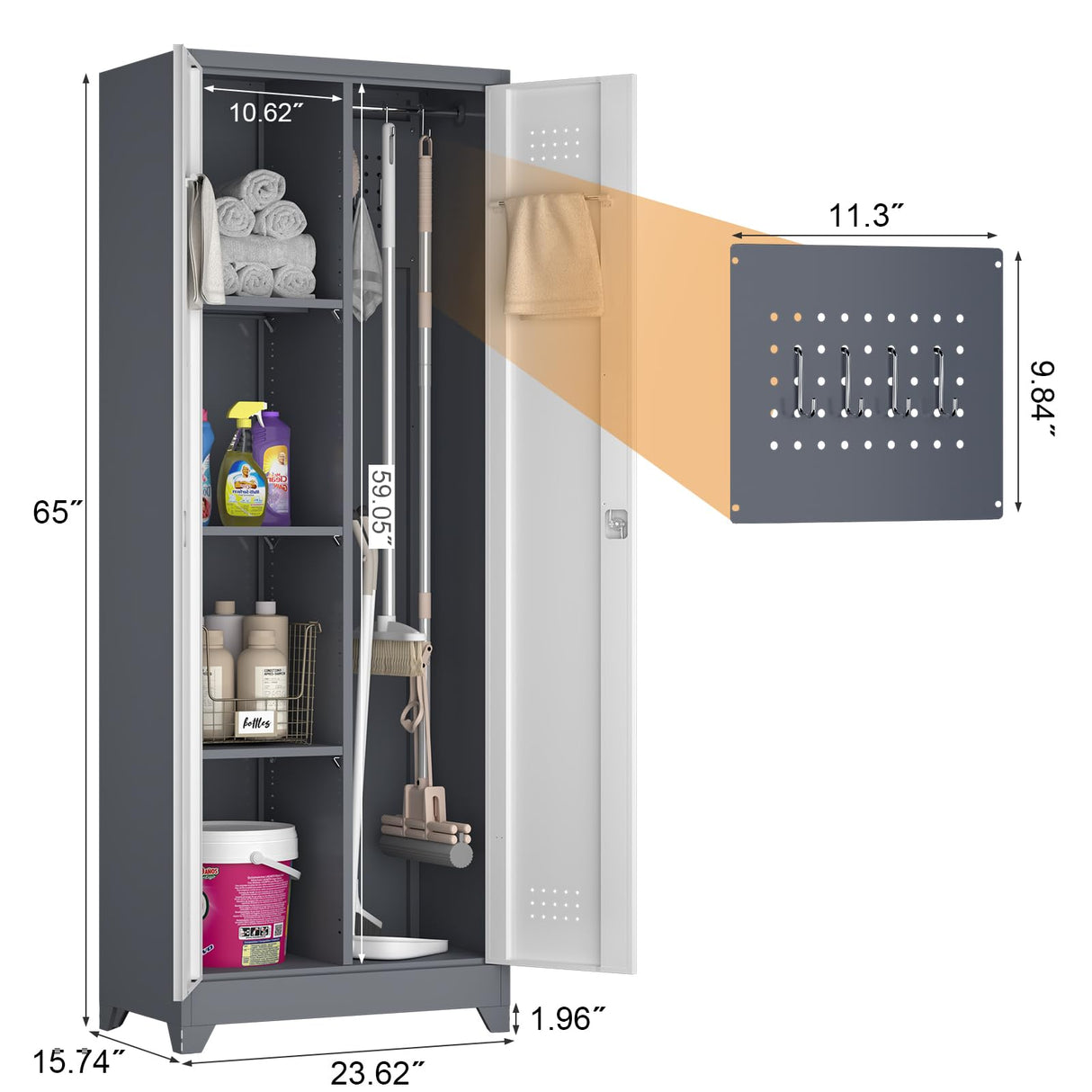 GREATMEET 65" H Metal Garage Storage Cabinets with Lock Door and Adjustable Shelves,Grey Broom Closet Storage Cabinet for Cleaning Supplies for Garage, Bathroom,Kitchen,Home GREATMEET