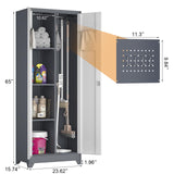 GREATMEET 65" H Metal Garage Storage Cabinets with Lock Door and Adjustable Shelves,Grey Broom Closet Storage Cabinet for Cleaning Supplies for Garage, Bathroom,Kitchen,Home GREATMEET