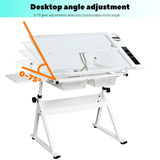 Adjustable Drafting Table for Adults Professional Art Table 2 Storage Drawers Height Adjustable Home Office Reading Painting Tempered Glass Top Modern White Design Doeqkue