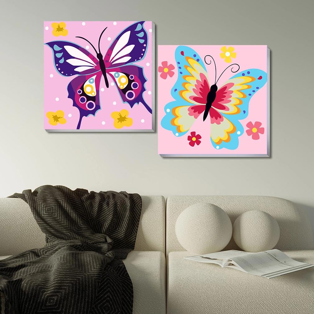 askkqtx 2 Pack Butterfly Paint by Number for Kids,Easy Paint by Numbers for Kids Ages 8-12,DIY Acrylic Oil Painting Kits for Home Wall Decor and Girls Gifts-8x8inch（with Wooden Framed） askkqtx