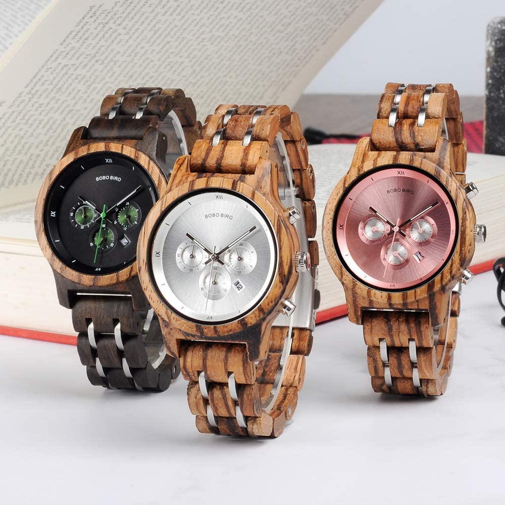 BOBO BIRD Women Wooden Watches Luxury Wood Metal Strap Chronograph & Date Display Quartz Watch Fashion Zebra Wood Casual Business Ebony Wristwatches (Custom) BOBO BIRD