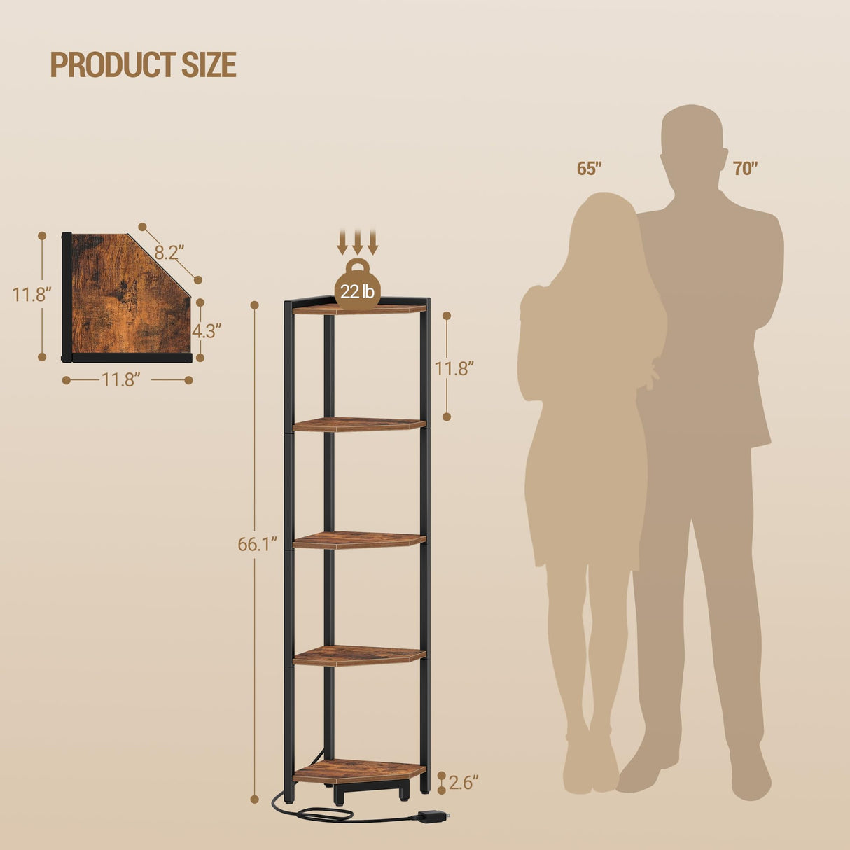 Hzuaneri Corner Shelf with LED Light, 5-Tier Corner Bookshelf, Tall Narrow Display Bookcase with Metal Frame, Standing Shelf for Small Space, Living Room, Home Office, Bedroom, Rustic Brown CS66501B Hzuaneri