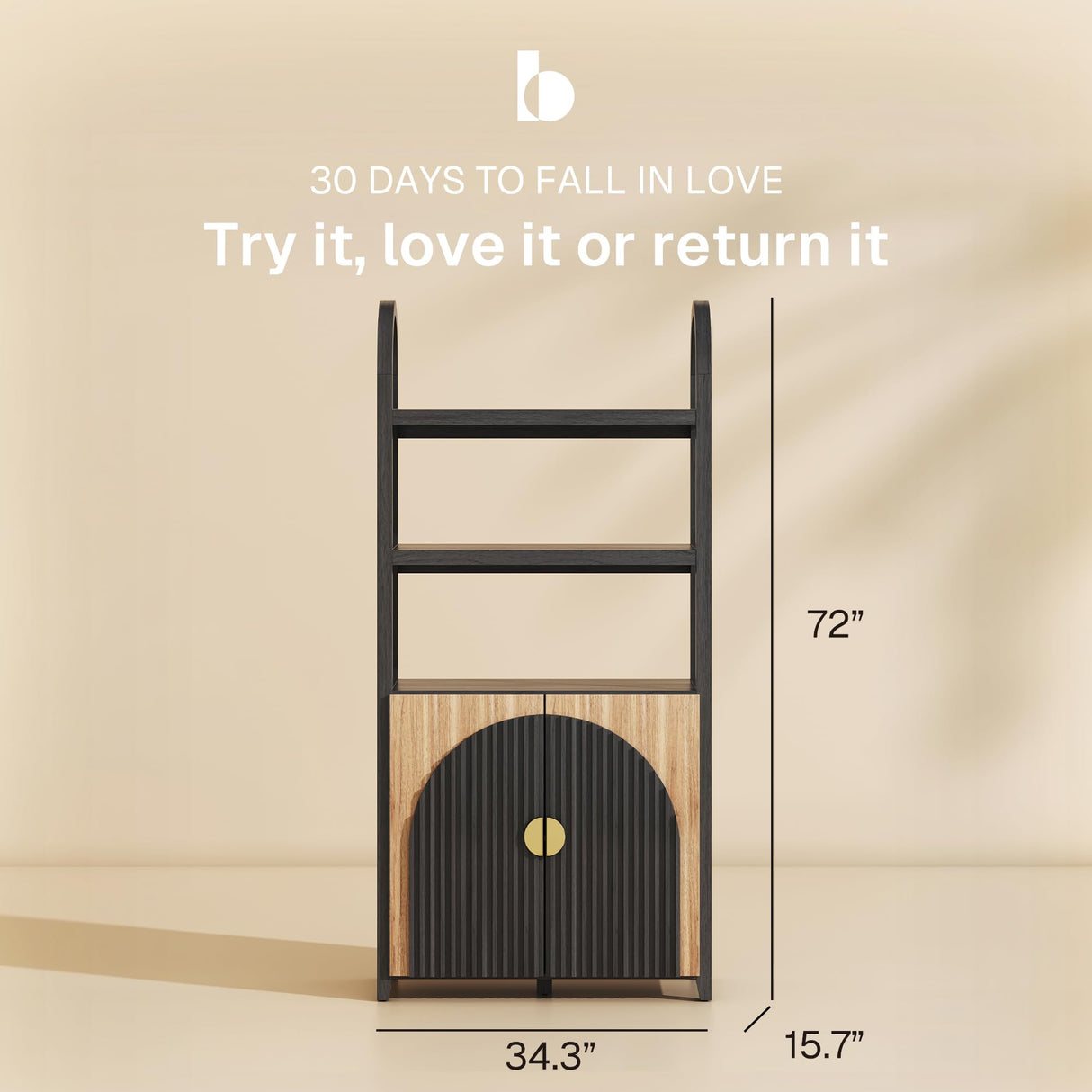 BELLEZE Book Shelf 72" Tall Arched Bookcase with Storage, 5 Tier Mid Century Modern Fluted Bookshelf with Doors, Modular Bookshelves for Living Room Office Library (Camel) BELLEZE