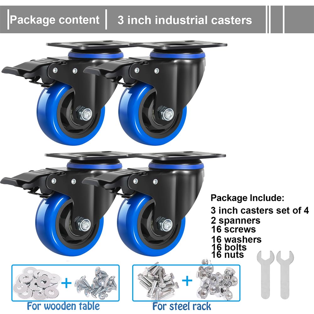 3 Inch Caster Wheels, Casters Set of 4 Heavy Duty with Brake, Safety Dual Locking Casters, No Noise Wheels with Polyurethane Foam, Load 1000LBS (Two Hardware Kits Included)