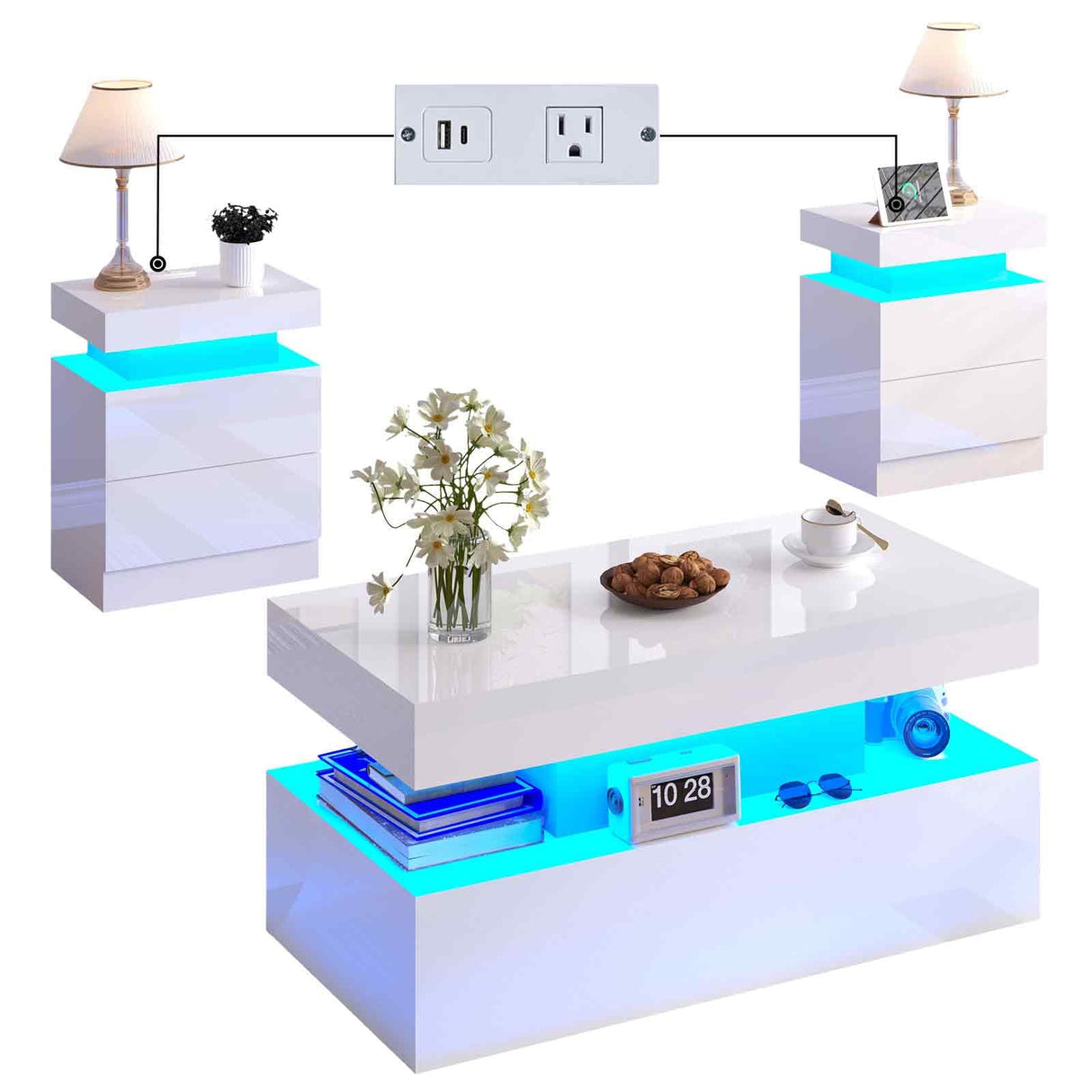 LUXOAK 3 Pieces Living Room Table Set, Modern High Gloss Coffee Table Set with LED Light and Storage Space, 2 End Side Tables with Charging Station for Living Room, Office, White LUXOAK