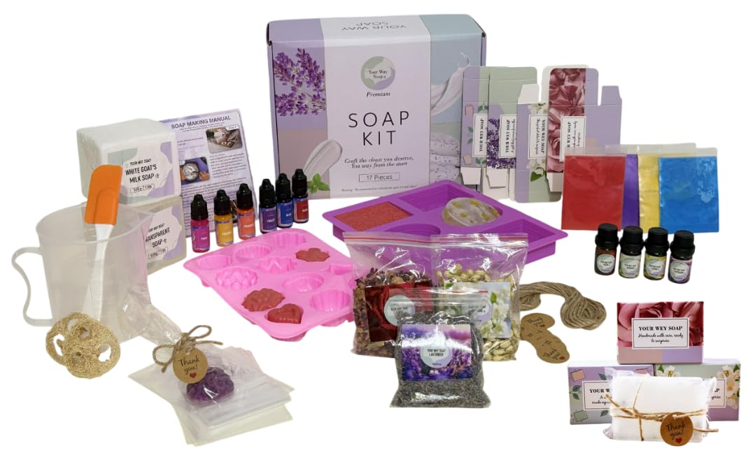Soap Making Kit – 53 PCS DIY Melt & Pour Supplies with 2 lbs Soap Bases (1 lb Goat's Milk + 1 lb Glycerin), Molds, Essential Oils, Liquid Colorants, Mica Powders, Flowers – Gift Idea for Christmas Generic