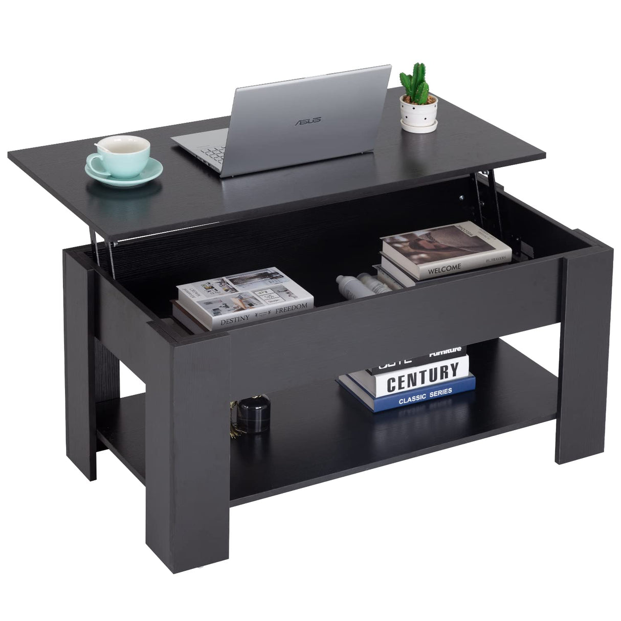 FDW Lift Top Coffee Table with Hidden Compartment and Storage Shelf Wooden Lift Tabletop for Home Living Room Reception Room Office (Black) FDW