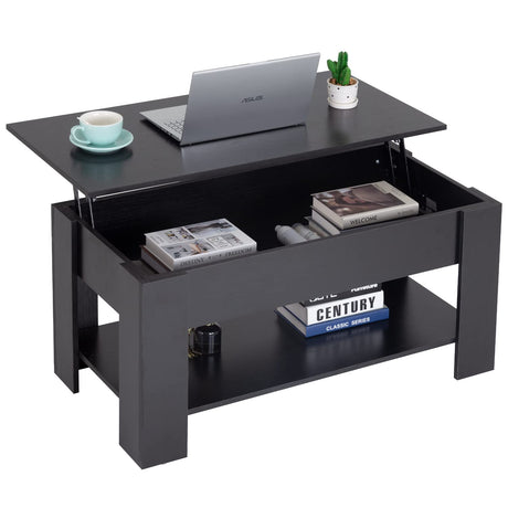 FDW Lift Top Coffee Table with Hidden Compartment and Storage Shelf Wooden Lift Tabletop for Home Living Room Reception Room Office (Black) FDW
