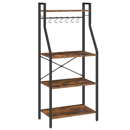 MAHANCRIS Bakers Rack, 4 Tier Microwave Stand, Coffee Bar Station with 6 Hooks, X-Shaped Back Support, for Kitchen, Dining Room, Living Room, Rustic Brown BRHR6001Z