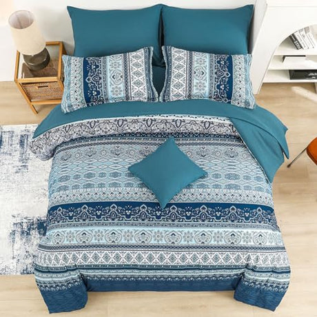 Cottolester Boho Blue Comforter Set Queen Size 8 Pieces,Teal Blue Comforter Bohemian Striped Bed in A Bag,Soft Microfiber Bedding Set for All Seasons Cottolester