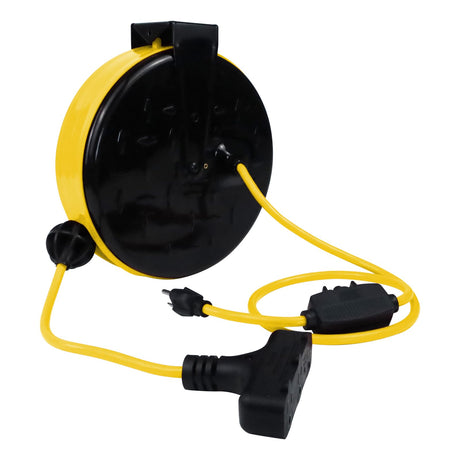 Ultra Explorer 30 Ft Retractable Extension Cord Reel, 3 Outlets 16/3 Gauge Retractable Power Cord, 10A Circuit Breaker, Wall or Ceiling Mountable for Garage, Workshop, UL Listed, Yellow Ultra Explorer