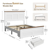 RALGEND Farmhouse Queen Size Bed Frame with 51.2" Tall Headboard & Footboard, Wooden Platform Bed Frame with Large Storage Drawers, No Squeak, No Box Spring Needed, White and Walnut RALGEND