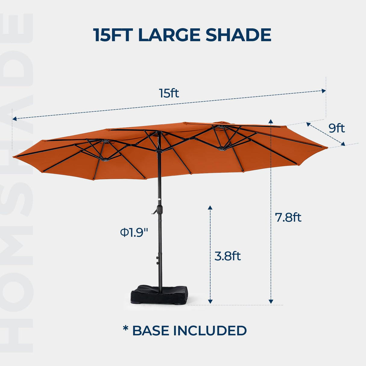 HOMSHADE 15ft Large Patio Umbrellas with 138lbs Base Included - Rectangle Oversized Double Sided Outdoor Umbrella for Market, Deck, Pool, Garden(Orange) HOMSHADE