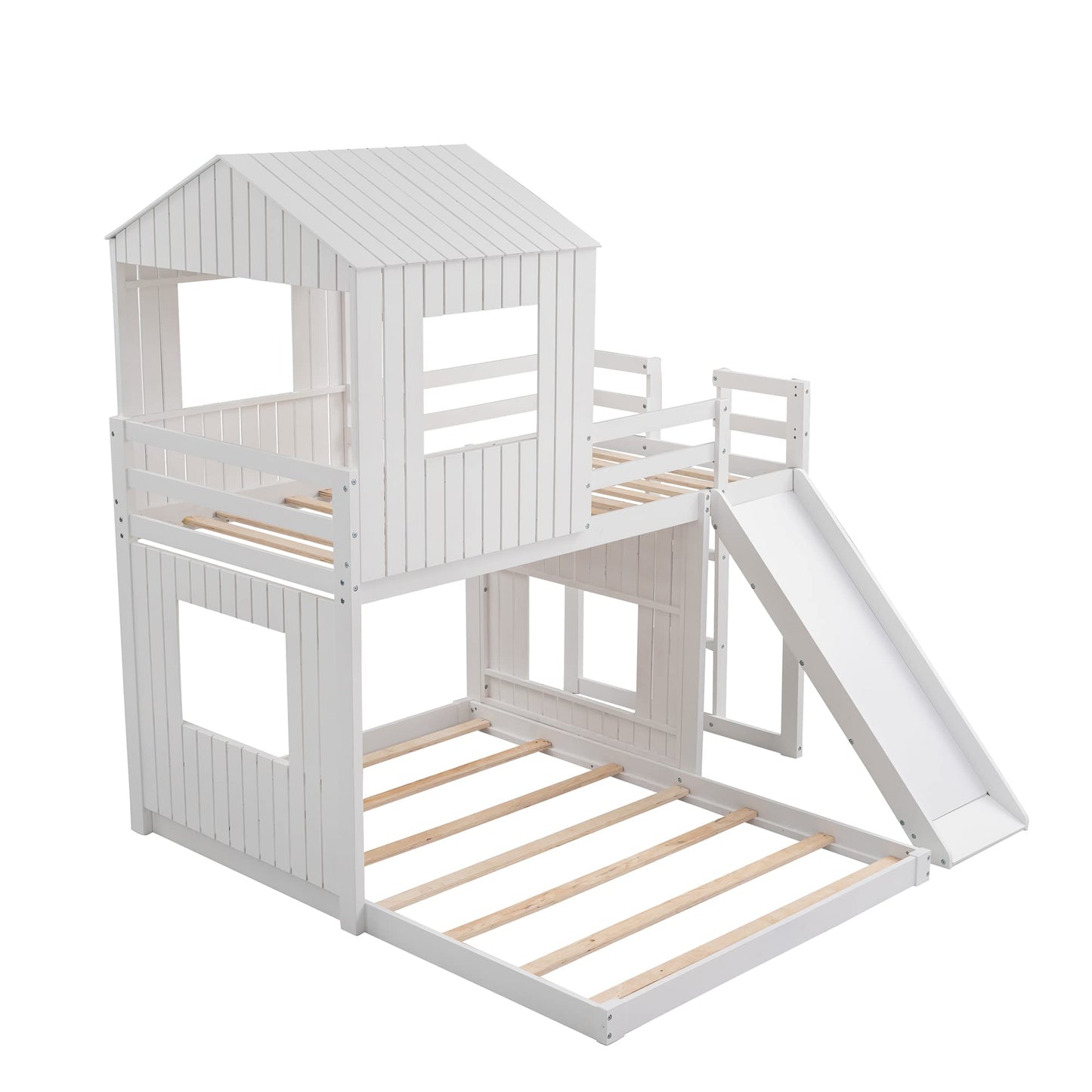 Harper & Bright Designs Twin Over Full Playhouse Bunk Bed with Slide and Roof in White - WoodArtSupply