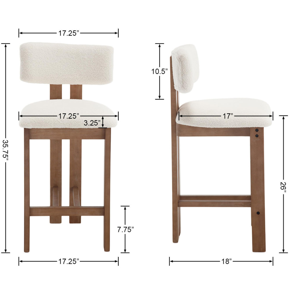 Shunzhi Upholstered Farmhouse Counter Height Bar Stools Set of 4 White Sherpa Barstools with Back/Solid Wood Legs, Modern Bar Chairs for Kitchen Island/Home Bar/Pub, 26 Inch Shunzhi