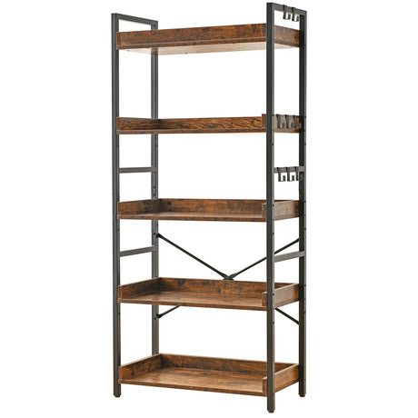 HCHQHS Rustic Brown 5-Tier Adjustable Open Bookcase with Industrial Metal Accents HCHQHS