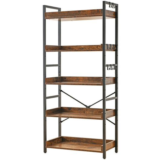 HCHQHS Rustic Brown 5-Tier Adjustable Open Bookcase with Industrial Metal Accents - WoodArtSupply