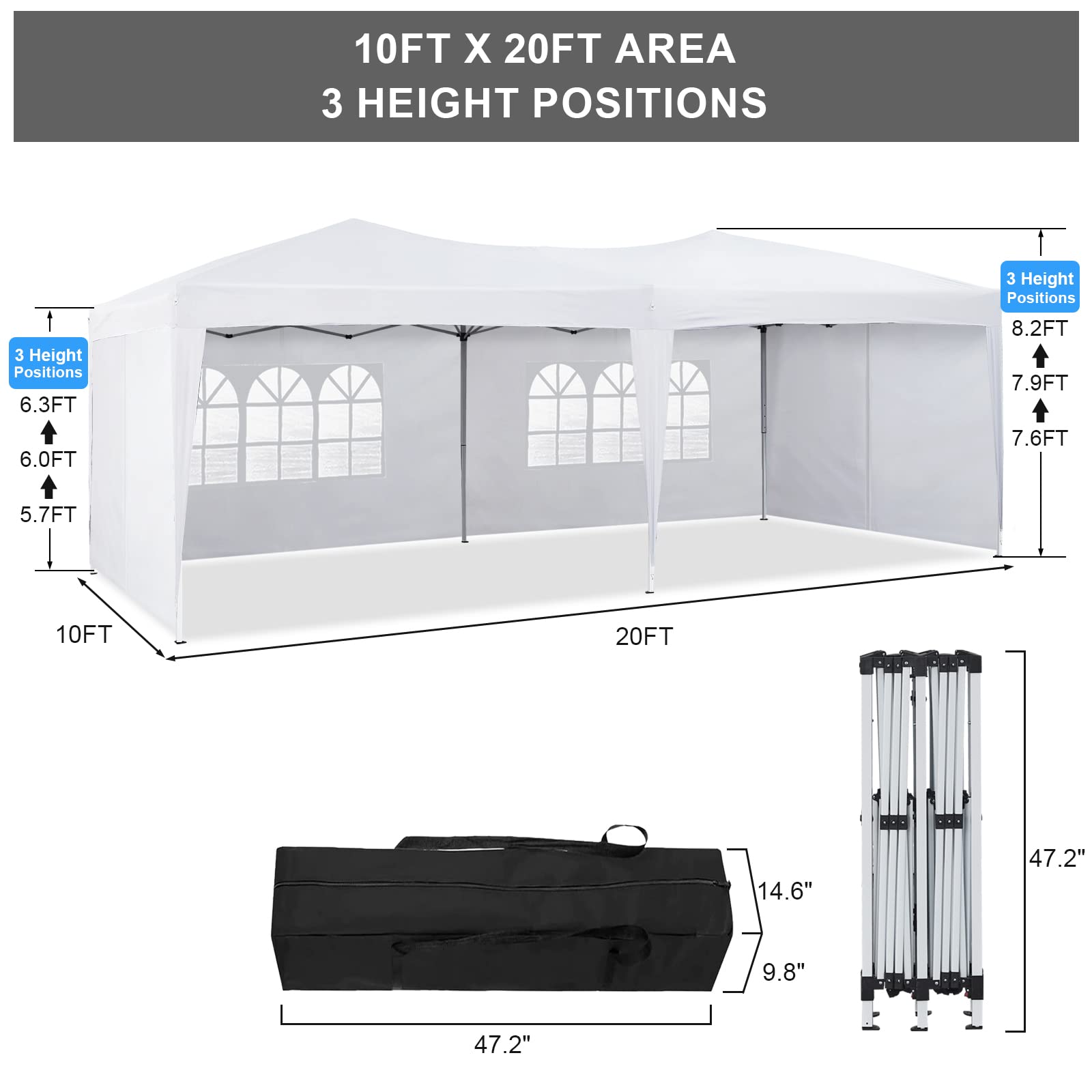 TUKAILAI 10' x 20' Pop Up Gazebo Marquee, Anti-UV Party Wedding Tent Event Shelters with 6 Removable Sidewalls & Carry Bag, Heavy Duty Instant Canopy for Outdoor Camping Garden Patio (White) - WoodArtSupply