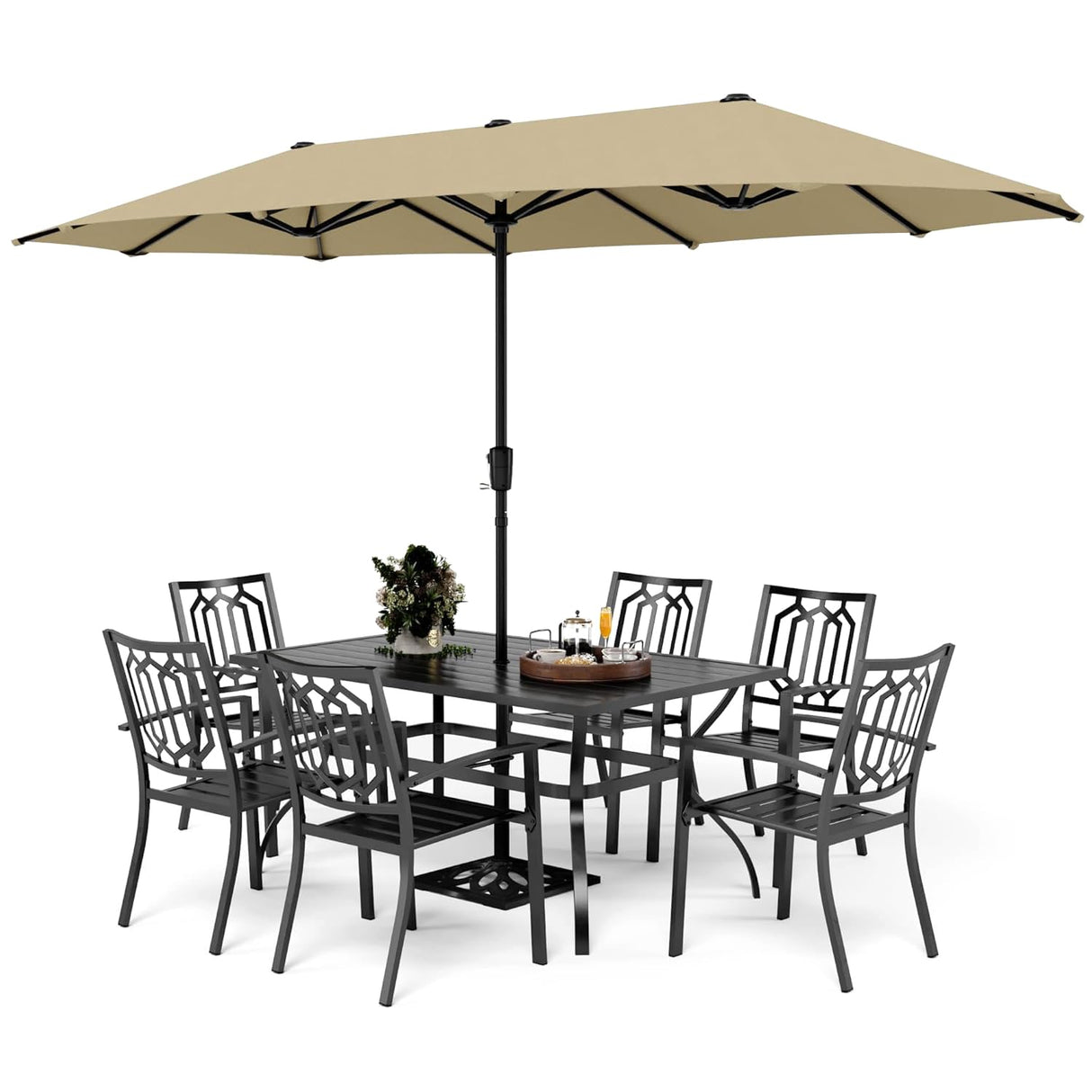 PHI VILLA Patio Dining Set 8 PCS with 13ft Double-Sided Patio Umbrella(Beige)，Metal Outdoor Dining Set - 6 x Outdoor Stackable Chairs, 1 x 60"x38"Rectangle Dining Table and 1 Umbrella PHI VILLA
